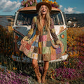 Countryside Style Collection Classy Patchwork Floral Pattern Art Linen Dress elevenforest