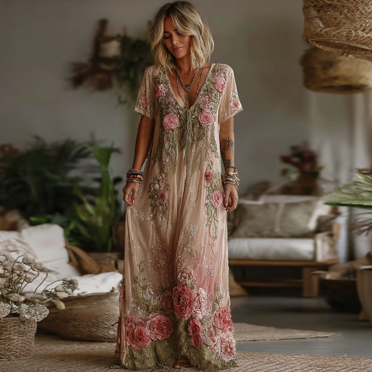 Women's Vintage Floral Embroidery Linen Blend V Neck Maxi Dress elevenforest