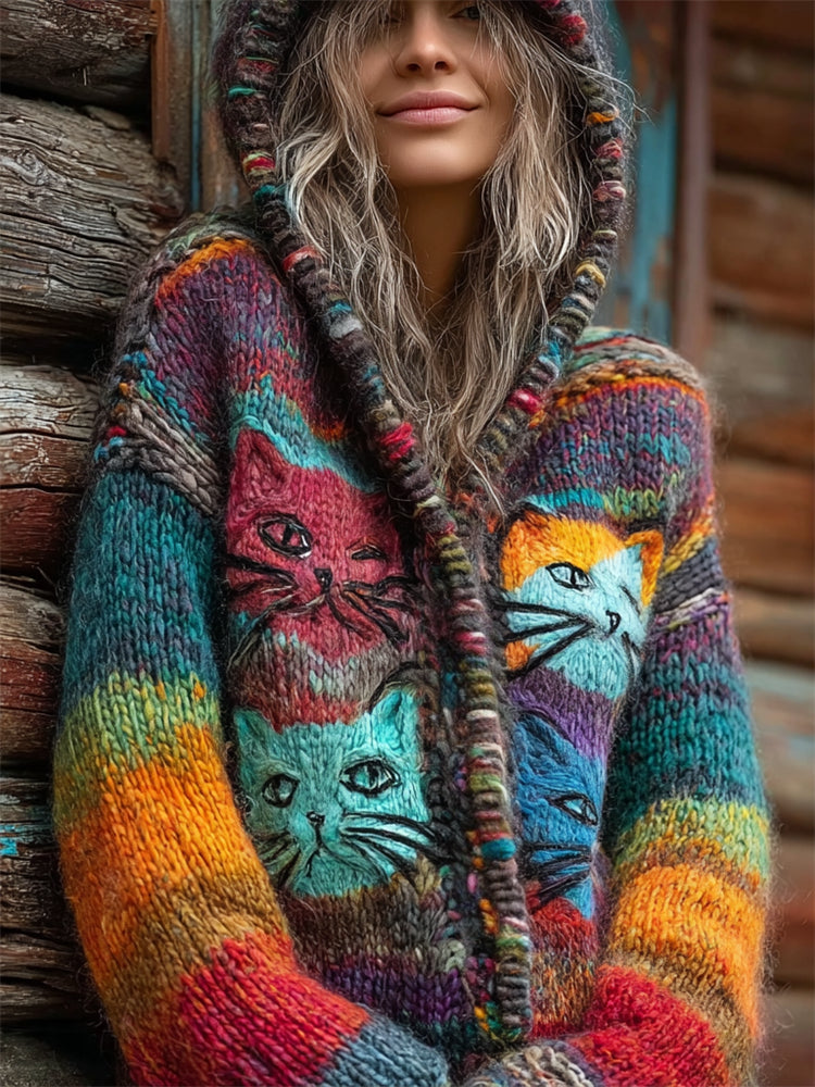 Boho Cats Colorblock Gradient Cozy Knit Cardigan elevenforest