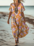 Women's Art Floral Hippie Vintage Print V Neck Dress