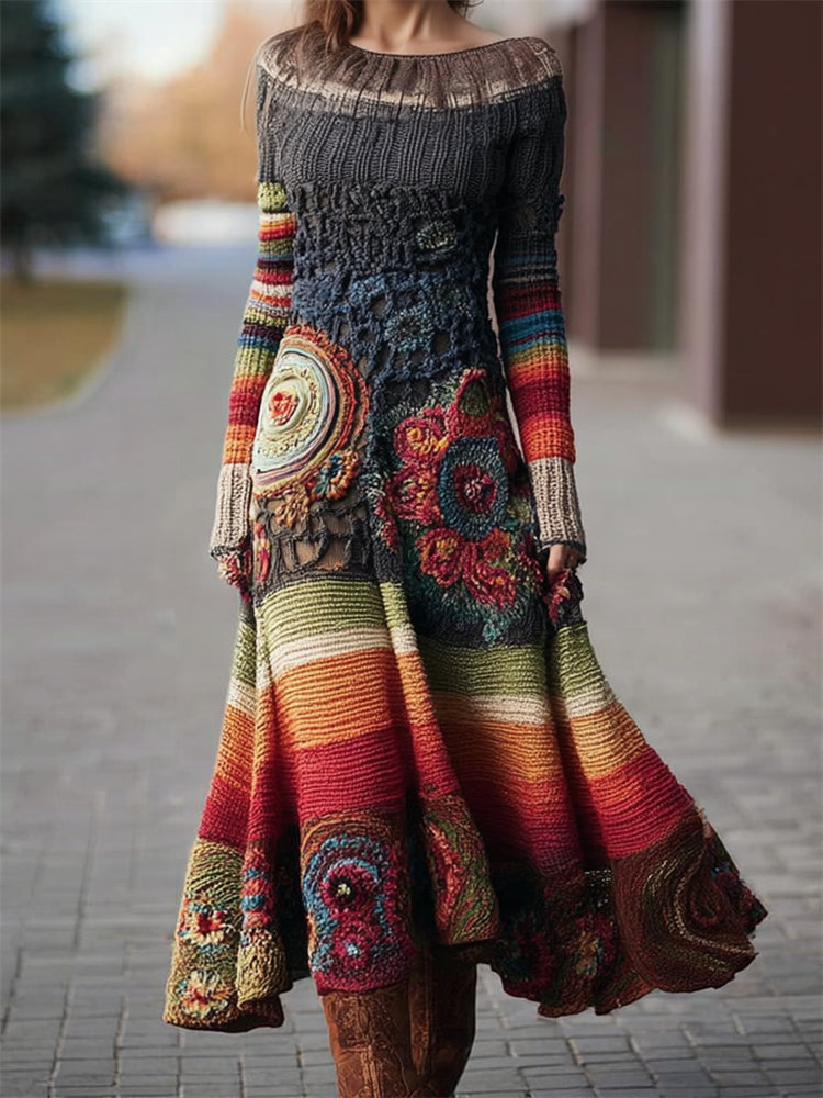 Boho Floral Crochet Geometric Colorblock Maxi Sweater Dress