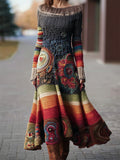 Comstylish Boho Floral Crochet Geometric Colorblock Maxi Sweater Dress