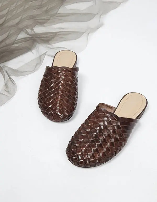 Woven Leather Round Head Slippers