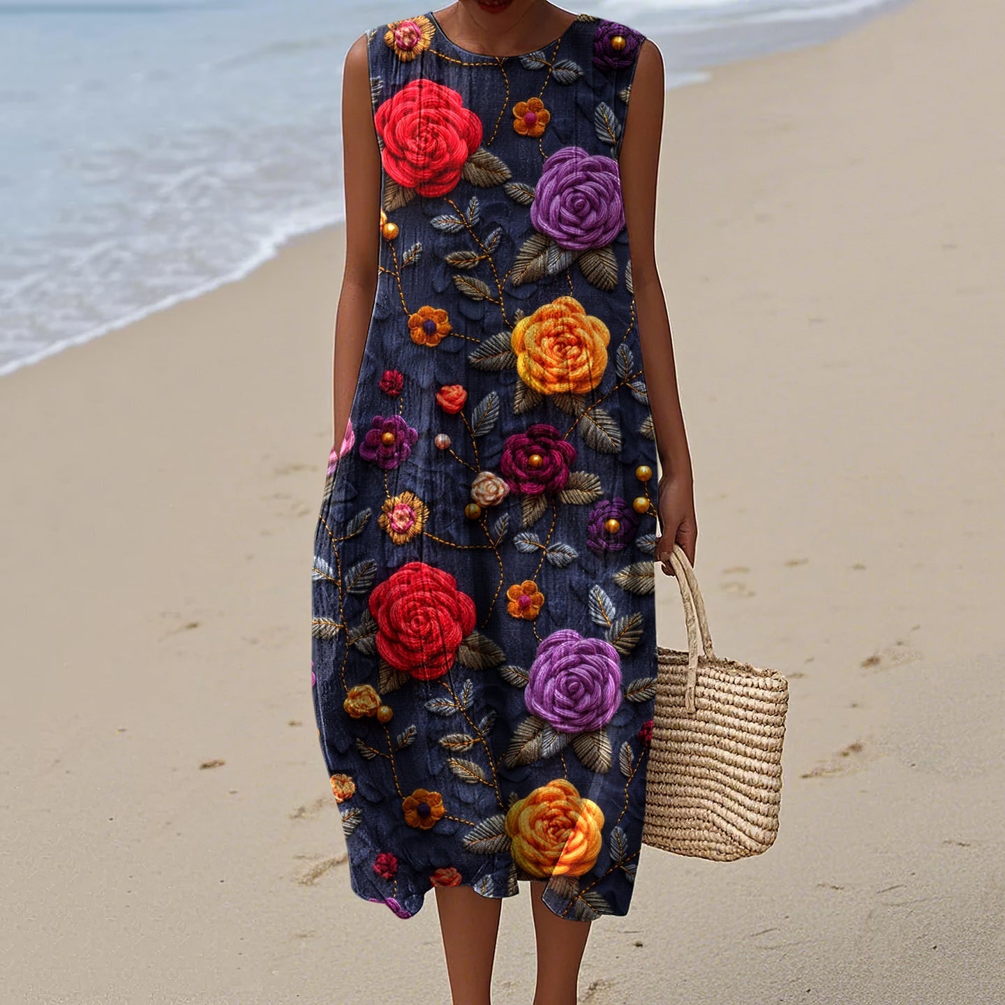 Women's Vintage Floral Art Print Cotton And Linen Dress elevenforest