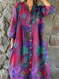 Women's Art Abstract Floral Pattern Shirt Style Cotton and Linen Dress