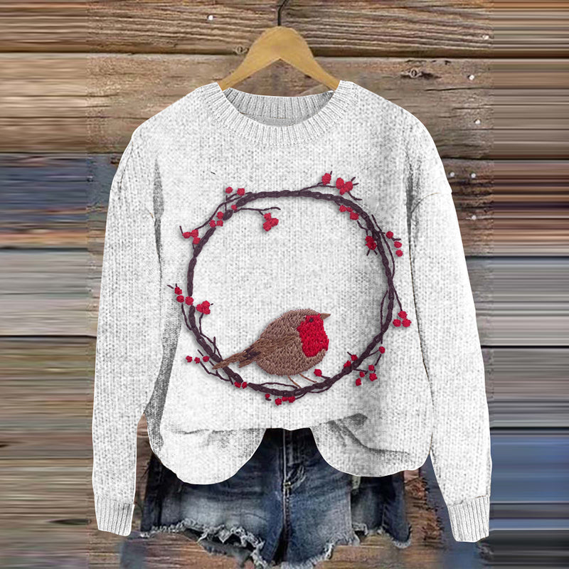 Art Bird And Flowers Embroidery Pattern Knit Art Cozy Crew Neck Sweater artswardrobe