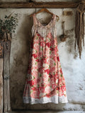 Vintage Rose Lace Patchwork Trim Women's Linen Vest Dress elevenforest