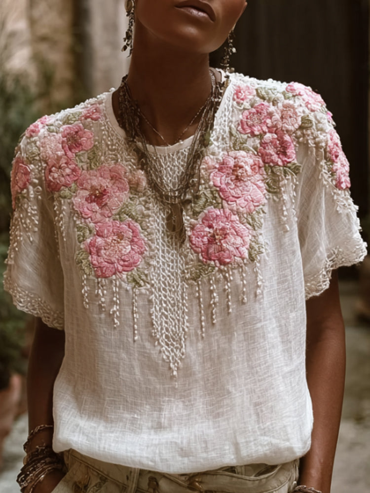 Bohemian Style French Style Embroidery Round Neck Casual Short-sleeved Shirt elevenforest