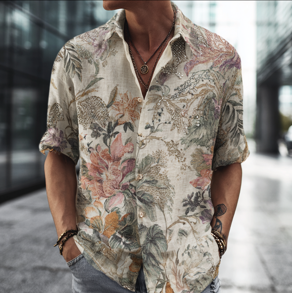 Bohemian Style Plant And Flower Pattern Men's Retro Cotton And Linen Short-sleeve Shirt elevenforest