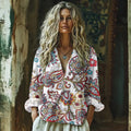 Retro Paisley Art Print Cotton And Linen V-neck Loose Shirt elevenforest