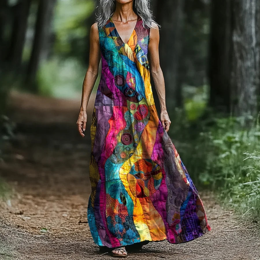 Women's Abstract Rainbow Art Print V-neck Tank Midi Dress elevenforest