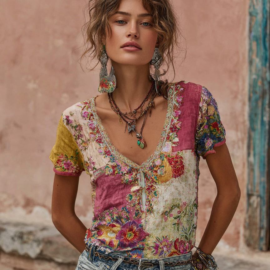 Women's Bohemian Floral Embroidery Art Patchwork V-neck Linen Blend T-shirt elevenforest