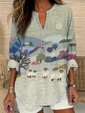 Comstylish Mountain & Sheep Rustic Pattern Linen V-Neck Shirt