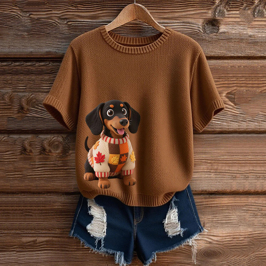 Vintage Dachshund With Felt In Autumn Inspired Embroidered Short Sleeve Cozy Knit Sweater elevenforest