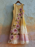 Vintage Pink Rose Embroidered Gradient Linen Maxi Dress elevenforest