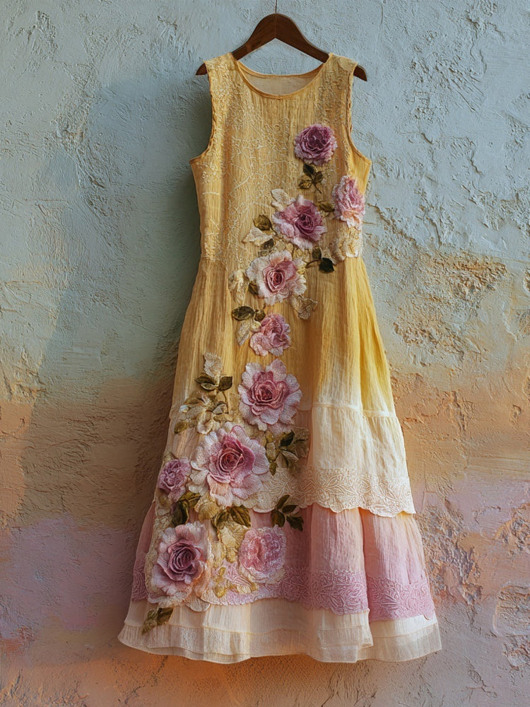 Vintage Pink Rose Embroidered Gradient Linen Maxi Dress elevenforest