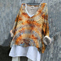 Women's Vintage Rust Dyed Art V-neck Linen Blend T-shirt elevenforest