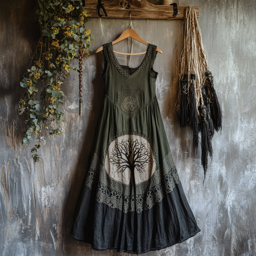 Tribal Celtic Knot Life Of Tree Lace Patchwork Art Linen Tank Dress elevenforest