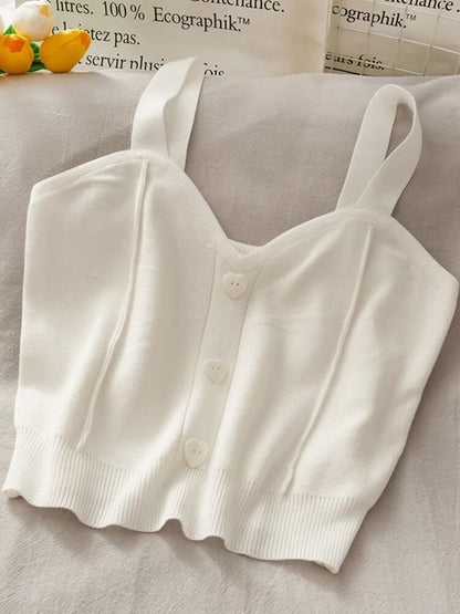 Crop Top Sweater Tank Top Button Up V Neck Sleeveless Knit Top Beach Vest Female Camisole Cotton Tank