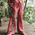 Vintage Bohemian Holiday Style Floral Ethnic Totem Art Printed Cotton Linen Wide Leg Pants elevenforest