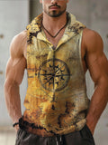 Men's Vintage Navigation Map Hooded Linen Vest elevenforest