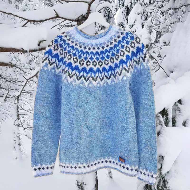 Vintage Icelandic Knit Jacquard Islender Crew Neck Sweater（Unisex） elevenforest