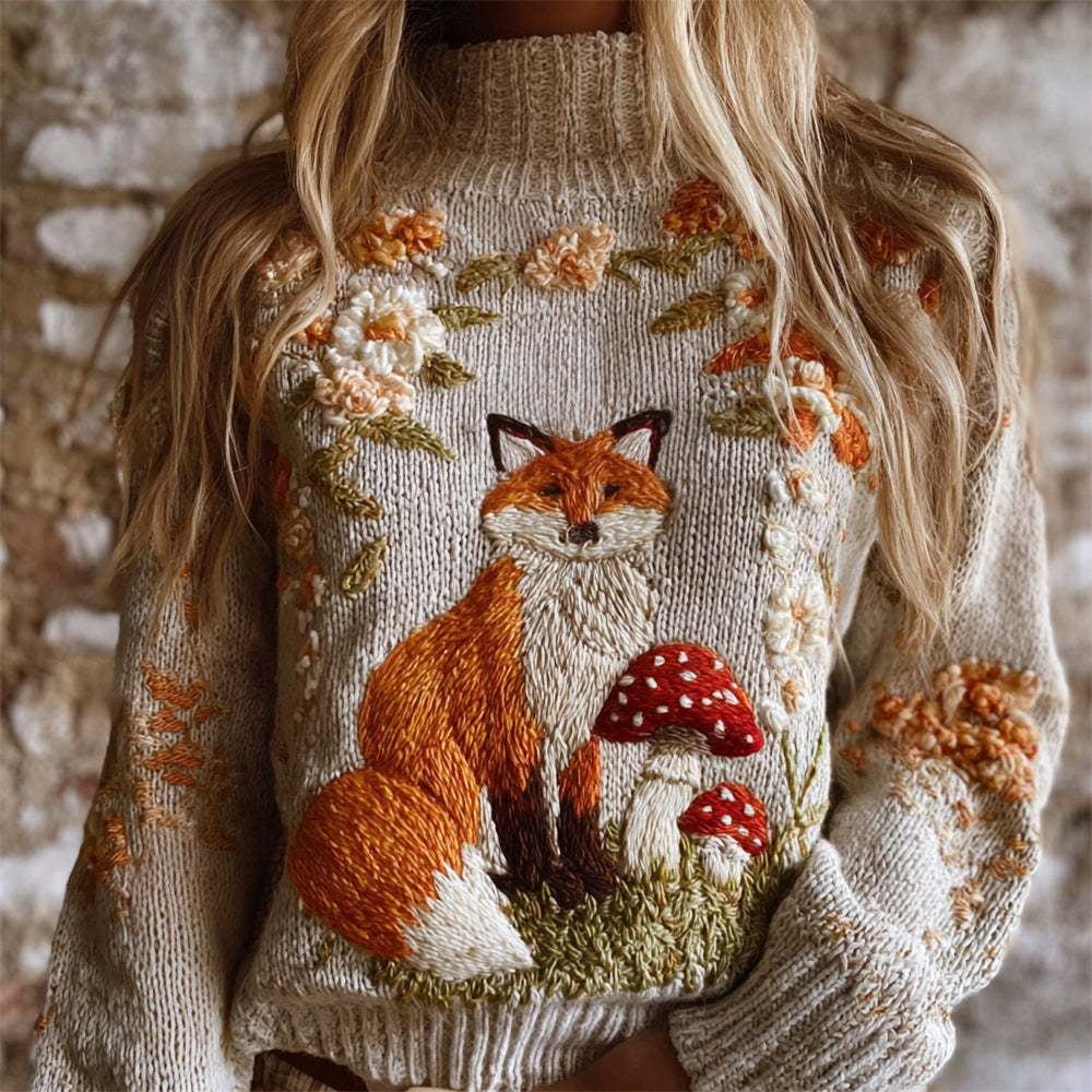 Vintage Fall Fox & Floral Embroidery Women's Knit Turtleneck Sweater elevenforest