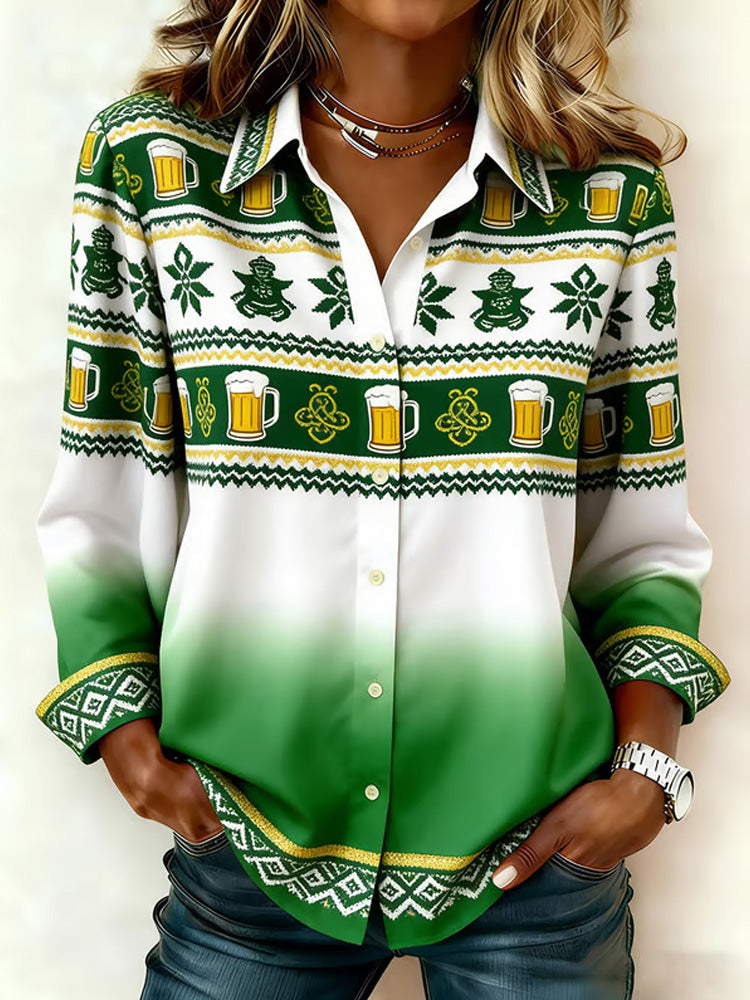 Comstylish Women's Casual St. Patrick's Day Printed Lapel Shirt