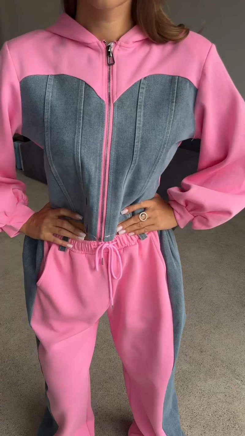 Hooded Denim Patchwork Sweatshirt Two-piece Set