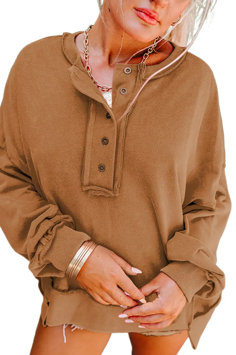 Brown Drop Shoulder Henley Sweatshirt