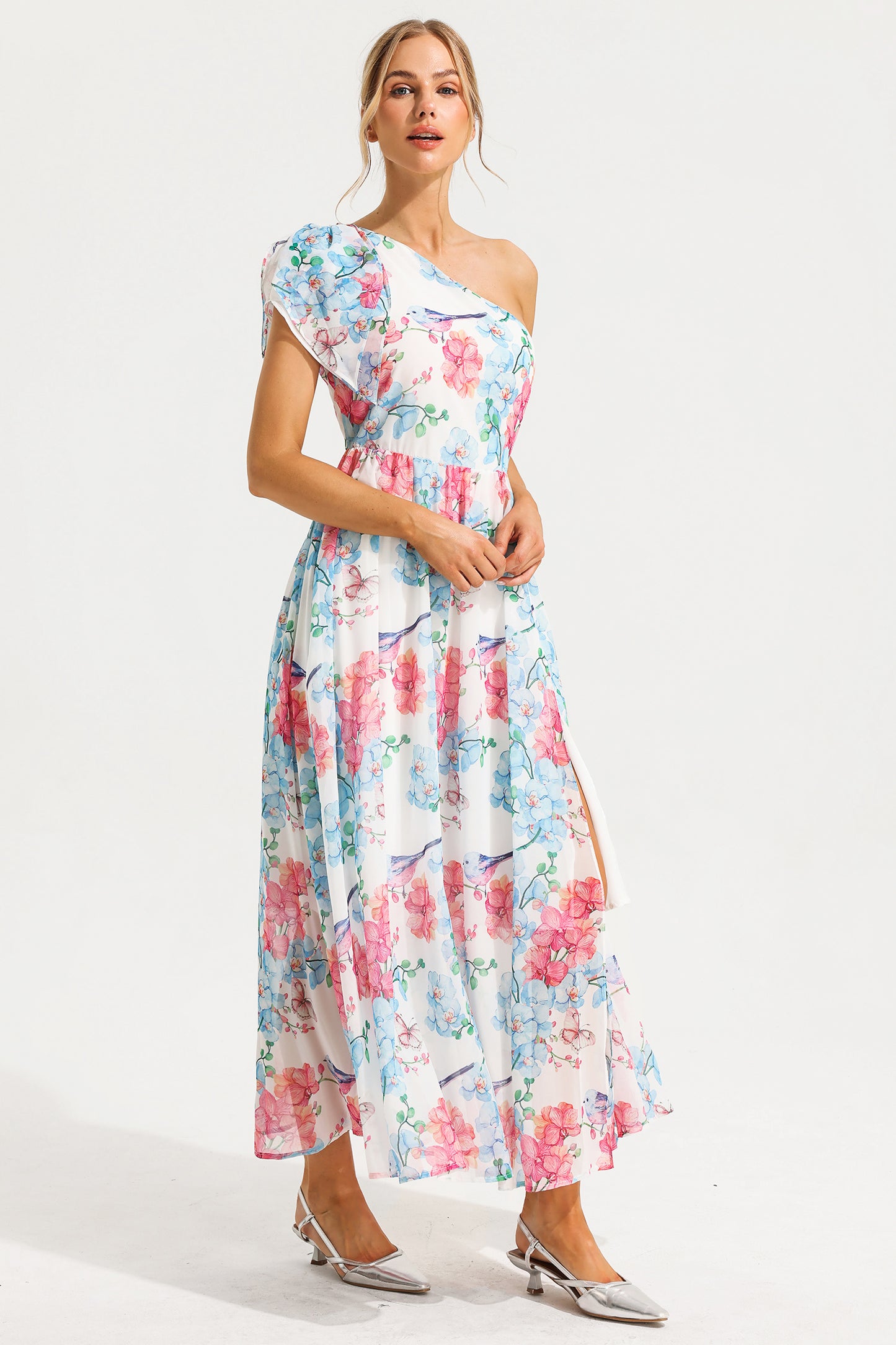 One Shoulder Split Midi Dress