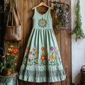 Vintage Boho Colorful Floral Embroidered Art Linen Tank Dress elevenforest