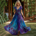 Vintage Purple And Blue Lavender Patchwork And Floral Embroidered Art Linen Maxi Dress elevenforest