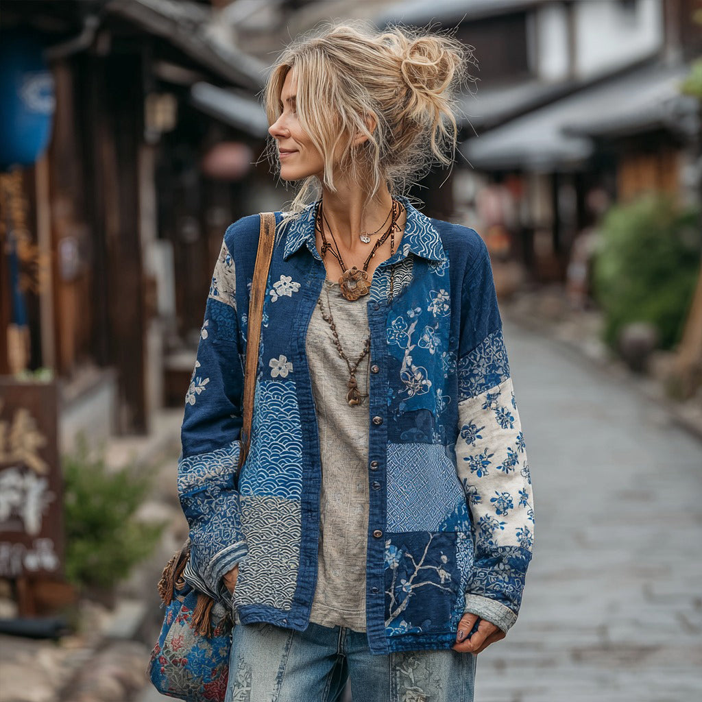 Women's Vintage Japanese Floral Patchwork Linen Button-up Shirt elevenforest