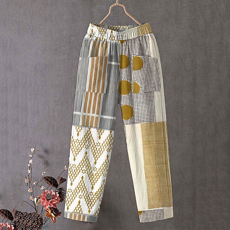 Comstylish Geometric Art Print Linen Blend Casual Pocket Pants
