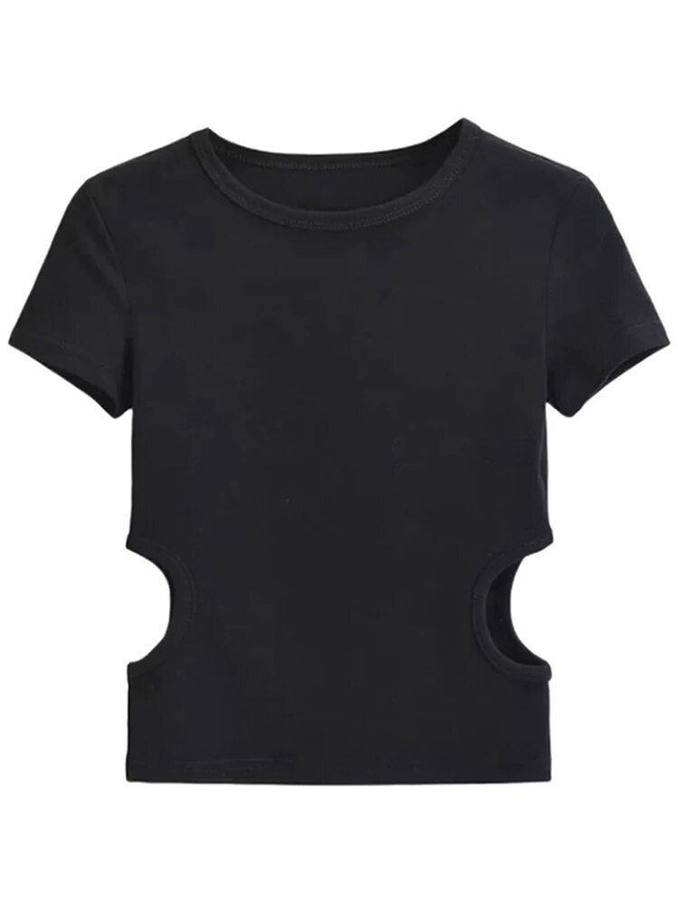 Side Waist Off Short Top ’s Round Neck Slim Fit Versatile Color Short Sleeve T-shirt Summer