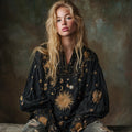Mysterious Moon Sun V-neck Embroidered Loose Top elevenforest