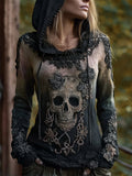 Vintage Skull Floral Gradient Comfy Knit Hooded Sweater elevenforest