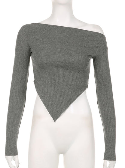 Y2k Grey Knitted Crop Top Asymmetrical Collar Full Sleeve T Shirt Harajuku Autumn Winter Basic Tee Street New