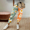 Comstylish Daisy Pattern Contrast Linen Blend Casual Pants