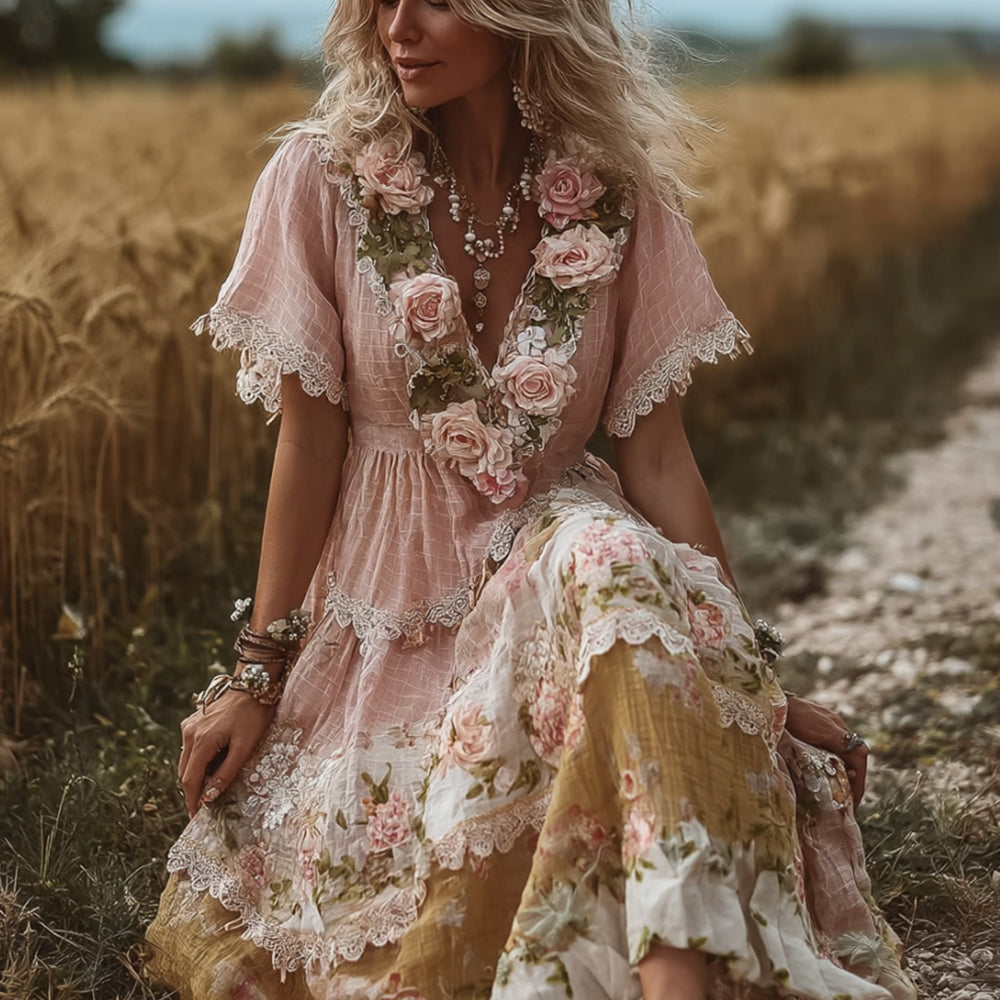 Vintage Bohemian Style Patchwork Plaid Rose Dress elevenforest