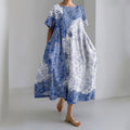 Comstylish Women's Japanese Flower Art Print Short Sleeve Loose Midi Dress