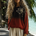 Vintage Bohemian Beach Vacation Gradient Floral Linen Long-sleeved Round Neck Tops elevenforest