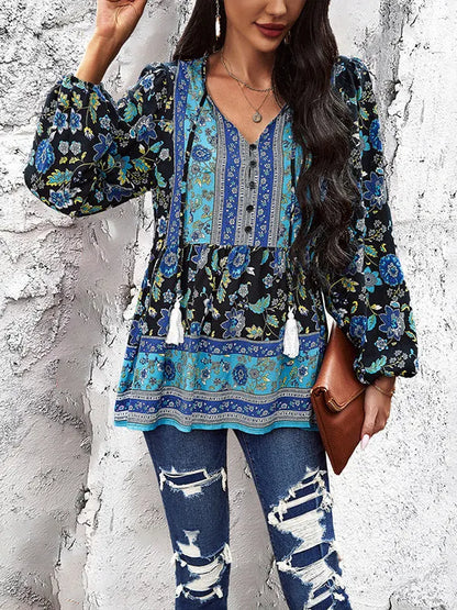 Long Sleeves Loose Buttoned Elasticity Flower Print Split-joint Tasseled V-neck Blouses&shirts Tops