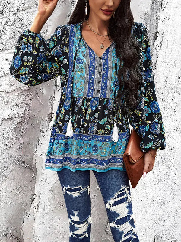 Long Sleeves Loose Buttoned Elasticity Flower Print Split-joint Tasseled V-neck Blouses&shirts Tops