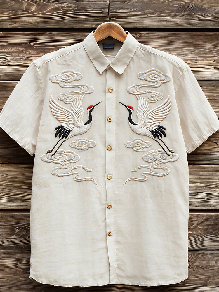 Vintage Clouds & Cranes Art Short Sleeve Linen Shirt elevenforest