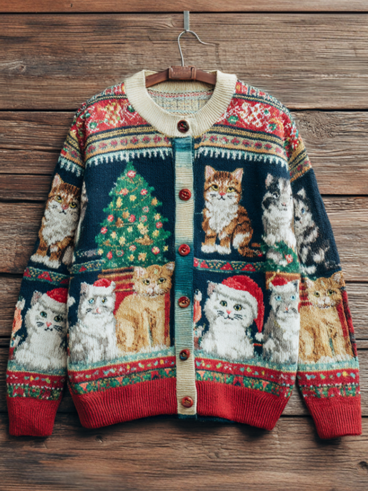Christmas Fun Cat Lady Round Neck Knitted Sweater Coat elevenforest