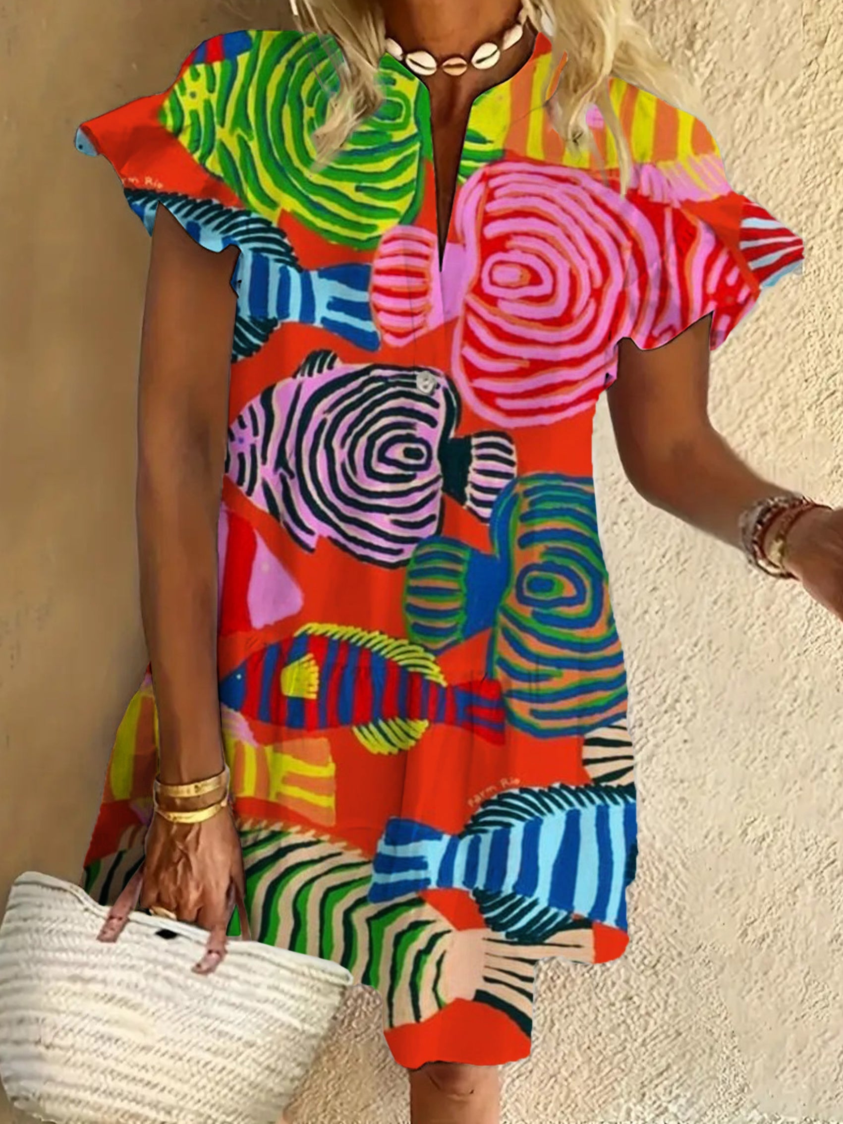 Fish Art Print Ruffled Short-sleeved V-neck Buttoned Dress Vacation Beach Dress