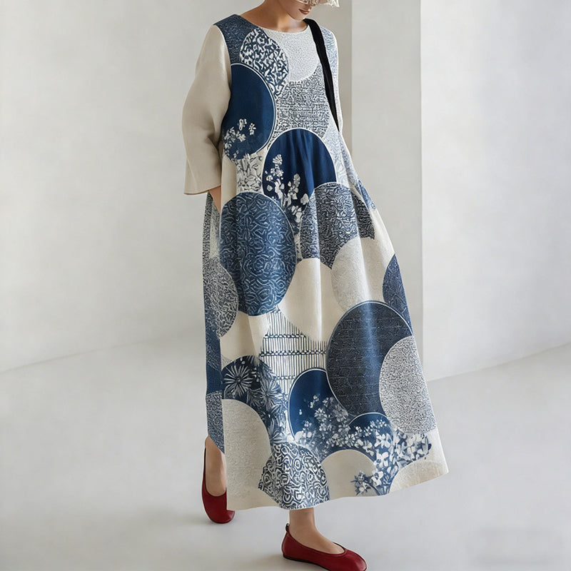 Comstylish Women's Japanese Geometric Floral Pattern Linen Dress