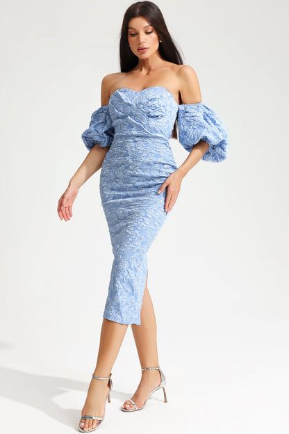 Puff Sleeve Slim Midi Dress Blue